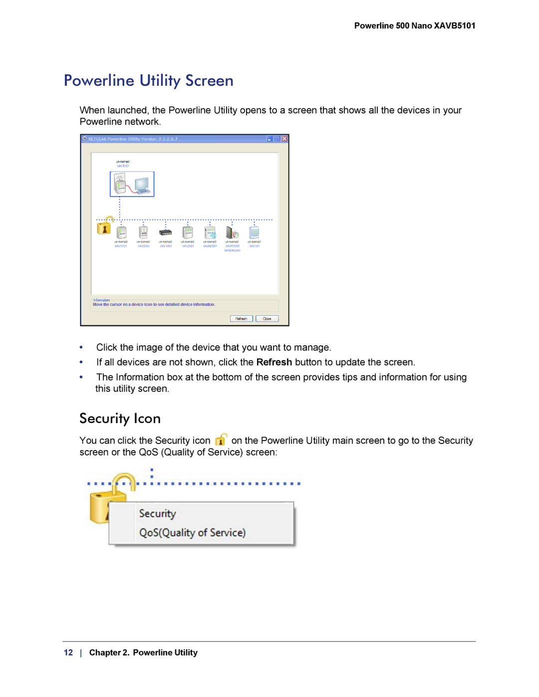 NETGEAR XAVB5101-100PAS user manual Powerline Utility Screen, Security Icon 