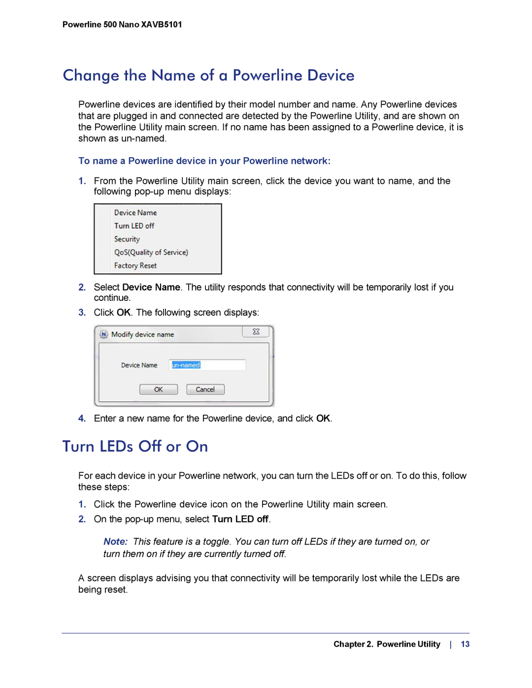 NETGEAR XAVB5101-100PAS user manual Change the Name of a Powerline Device, Turn LEDs Off or On 