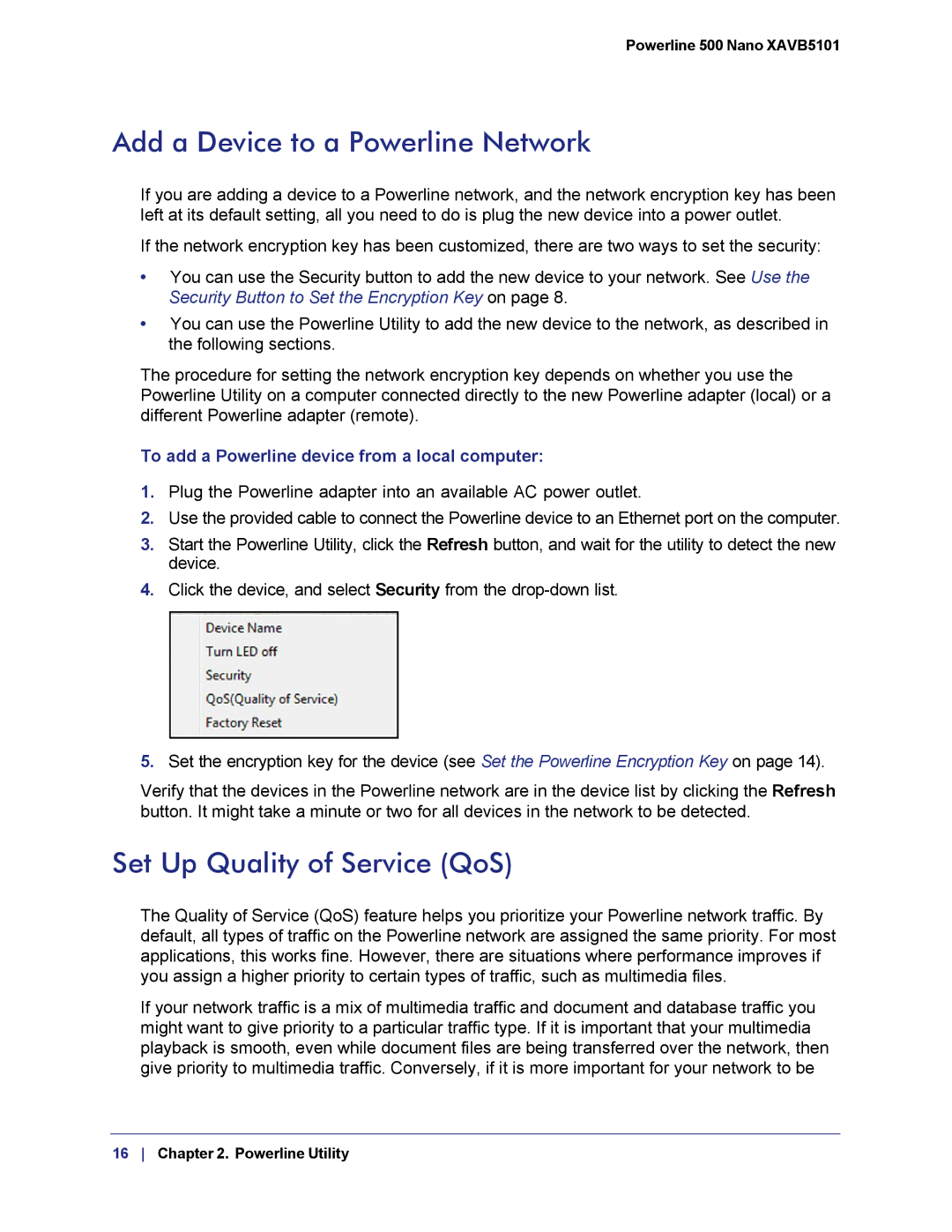 NETGEAR XAVB5101-100PAS user manual Add a Device to a Powerline Network, Set Up Quality of Service QoS 