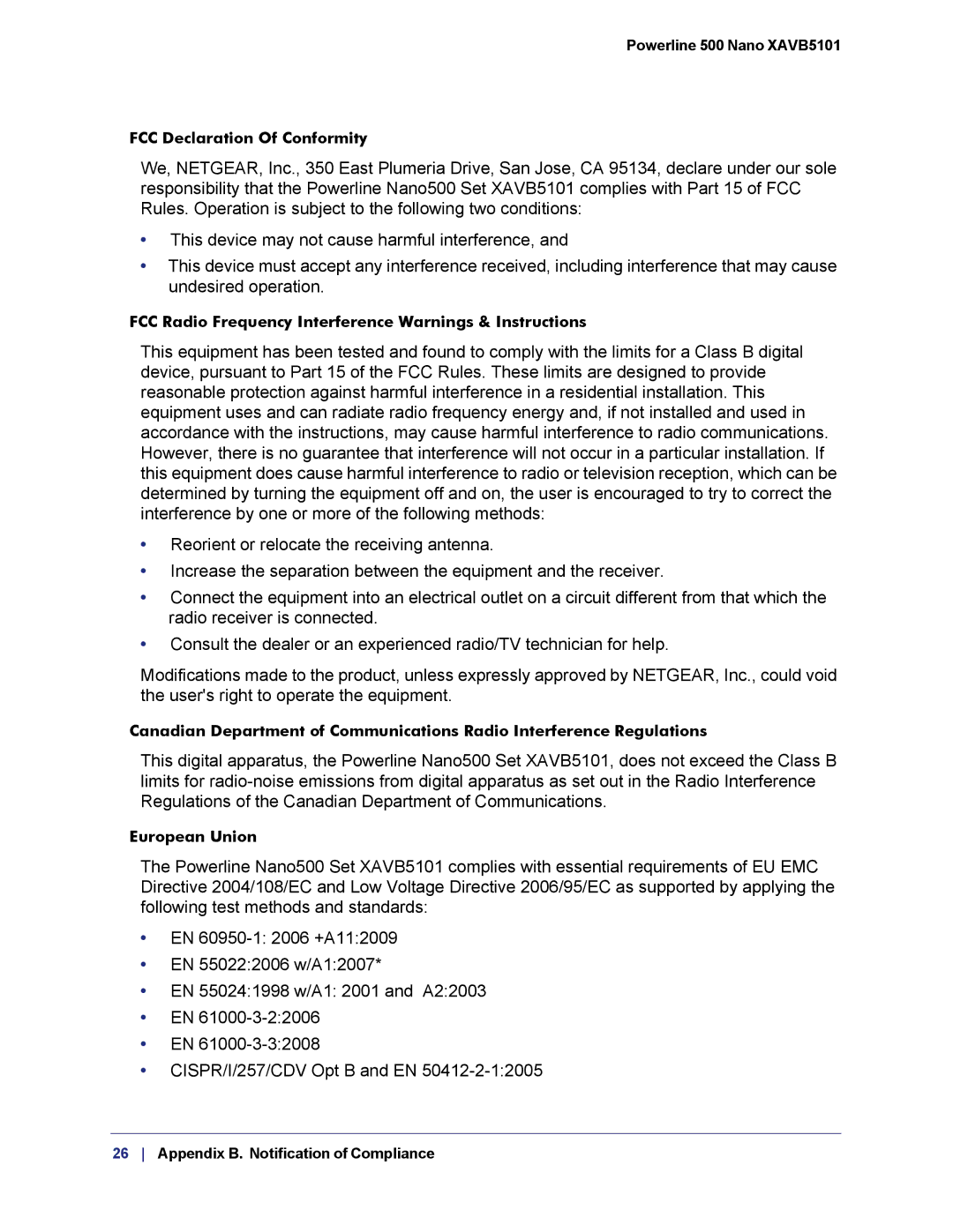 NETGEAR XAVB5101-100PAS user manual Powerline 500 Nano XAVB5101 FCC Declaration Of Conformity 