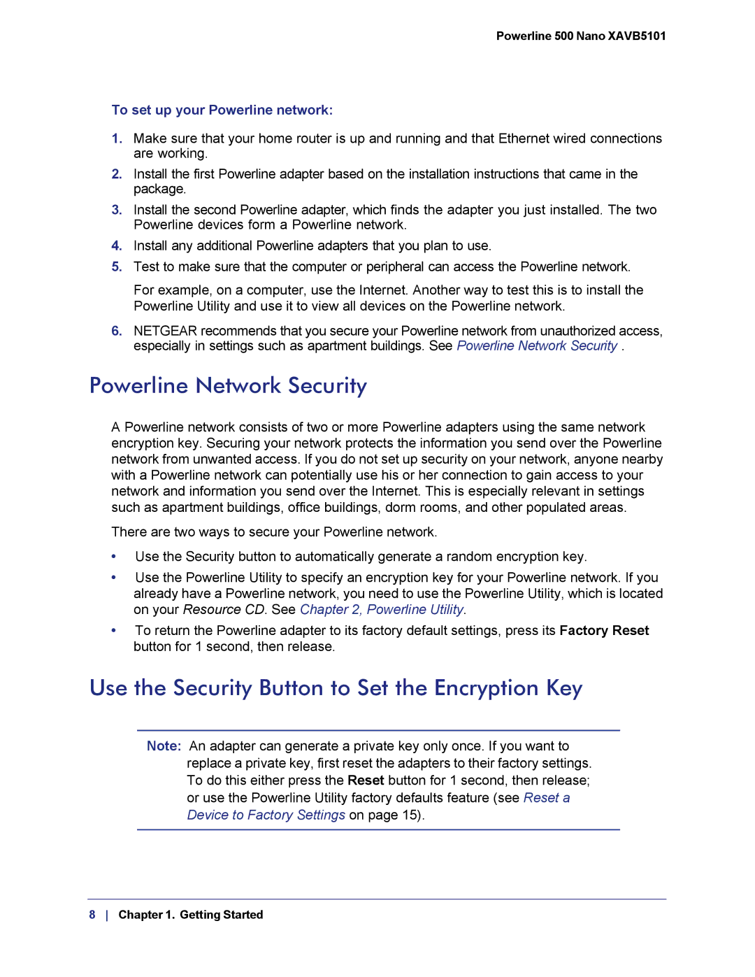 NETGEAR XAVB5101-100PAS user manual Powerline Network Security, Use the Security Button to Set the Encryption Key 