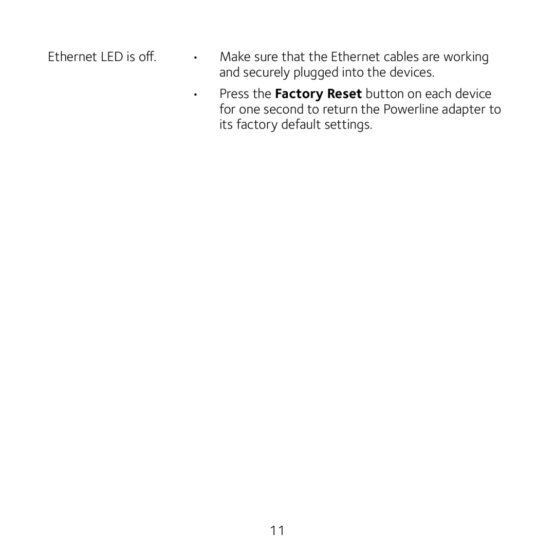 NETGEAR xavb5201 v2 manual Ethernet LED is off, Securely plugged into the devices, Its factory default settings 