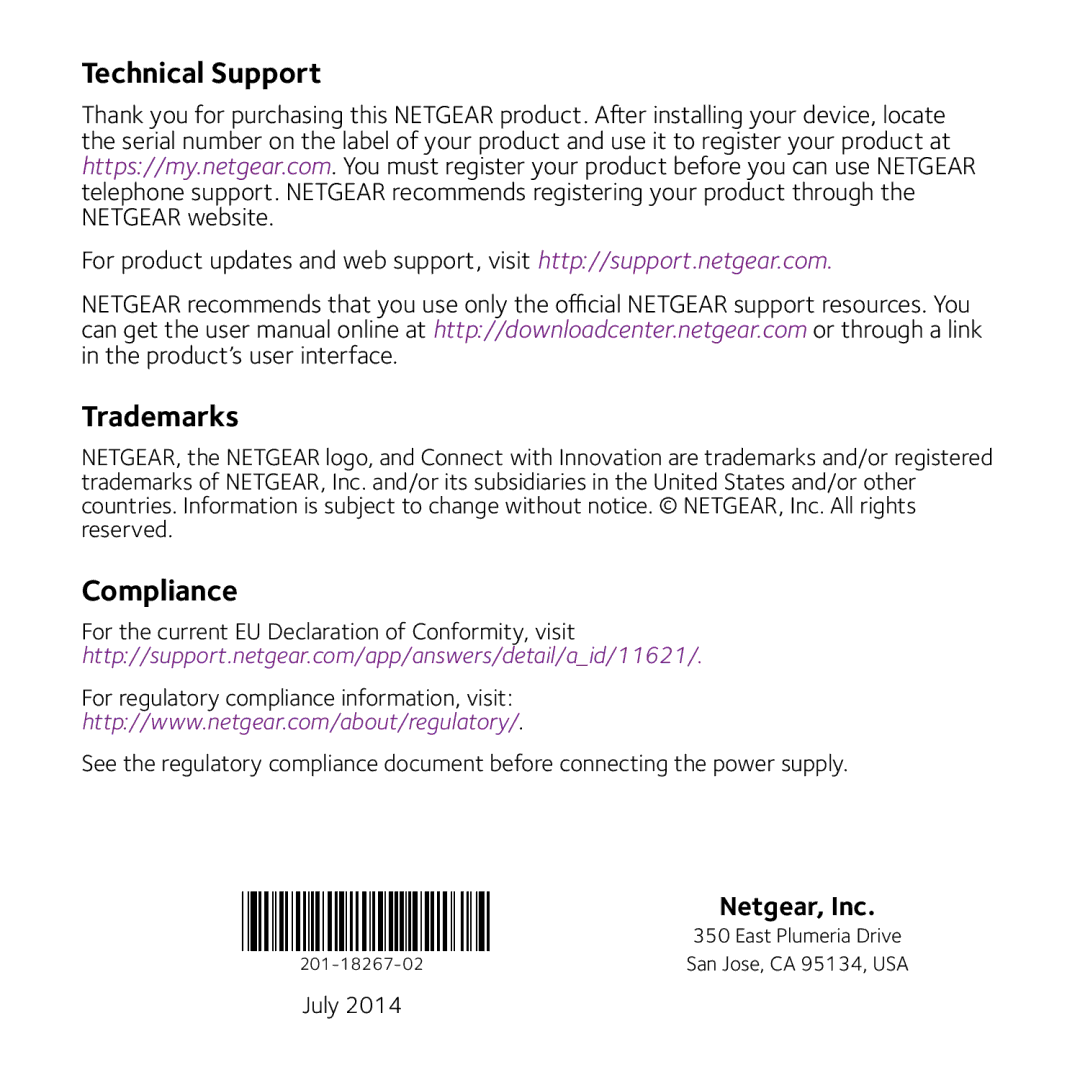 NETGEAR xavb5201 v2 manual Technical Support 