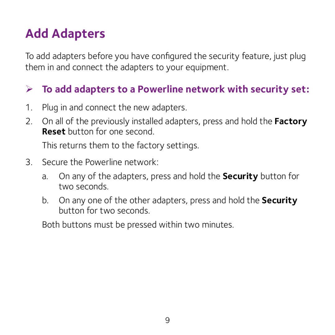 NETGEAR xavb5201 v2 manual Add Adapters, ¾¾ To add adapters to a Powerline network with security set 