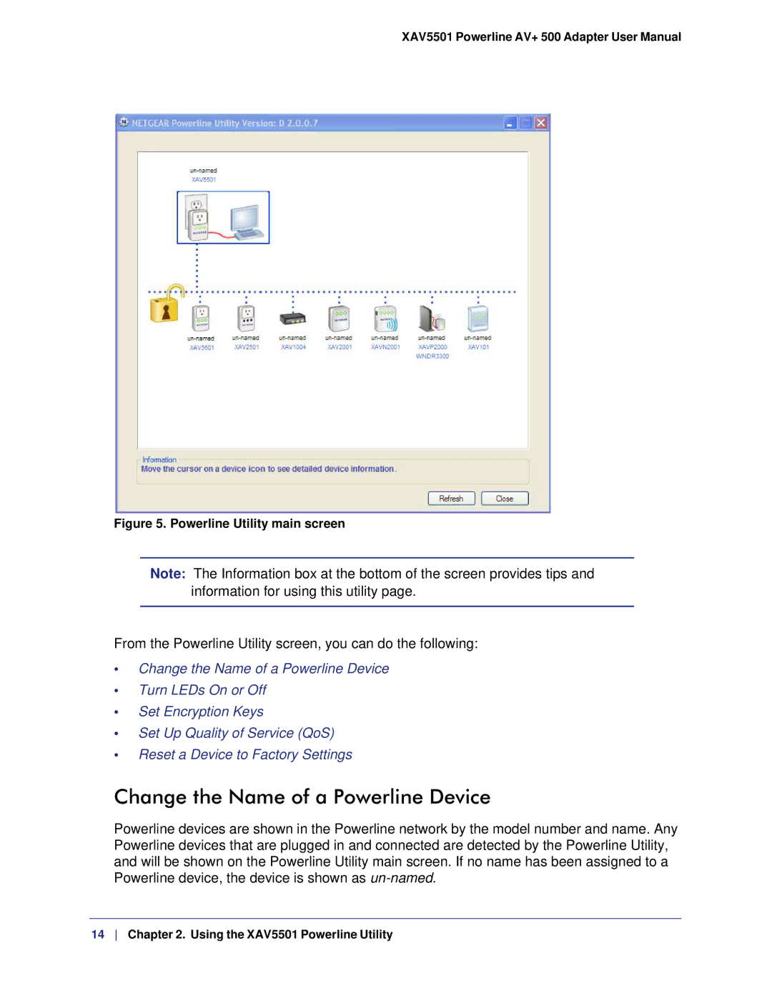 NETGEAR XAVB5501-100NAS, XAV5501-100NAS user manual Change the Name of a Powerline Device, Powerline Utility main screen 