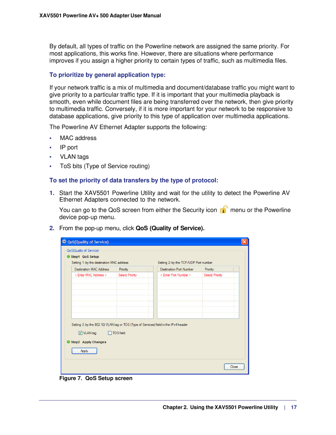 NETGEAR XAV5501-100NAS To prioritize by general application type, QoS Setup screen Using the XAV5501 Powerline Utility 