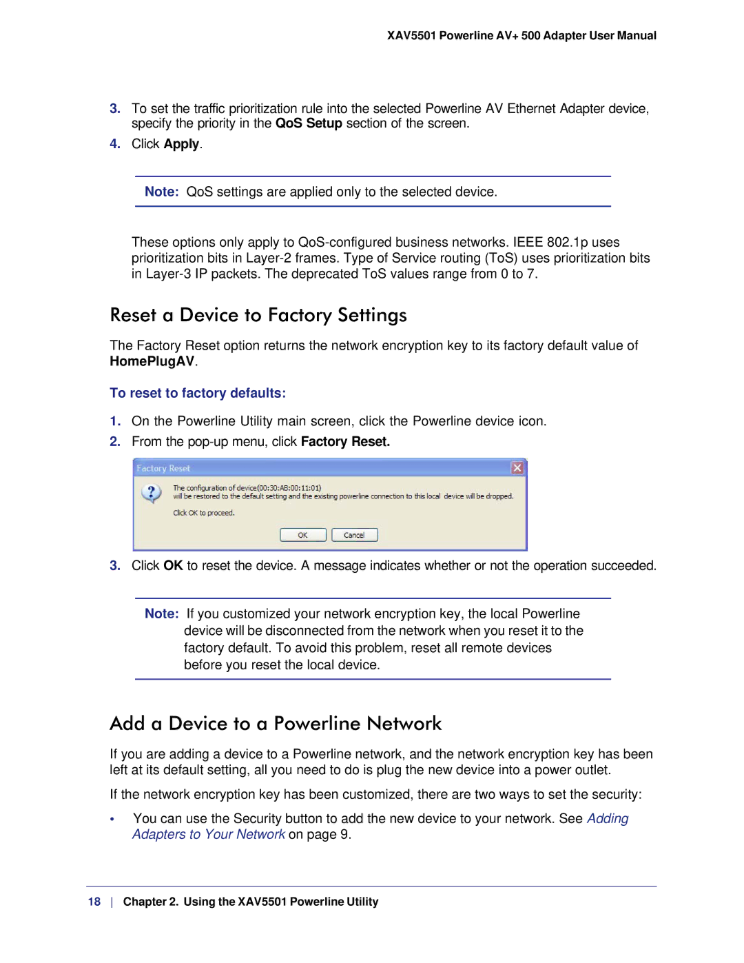 NETGEAR XAVB5501-100NAS, XAV5501-100NAS user manual Reset a Device to Factory Settings, Add a Device to a Powerline Network 