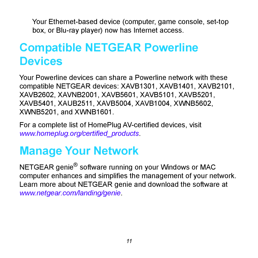 NETGEAR XAVB6504 manual Compatible Netgear Powerline Devices, Manage Your Network 