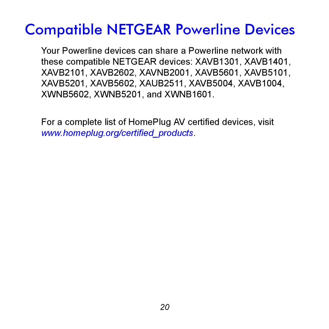 NETGEAR XAVNB2001 manual Compatible Netgear Powerline Devices 