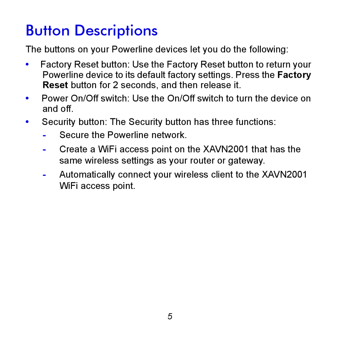 NETGEAR XAVNB2001 manual Button Descriptions 