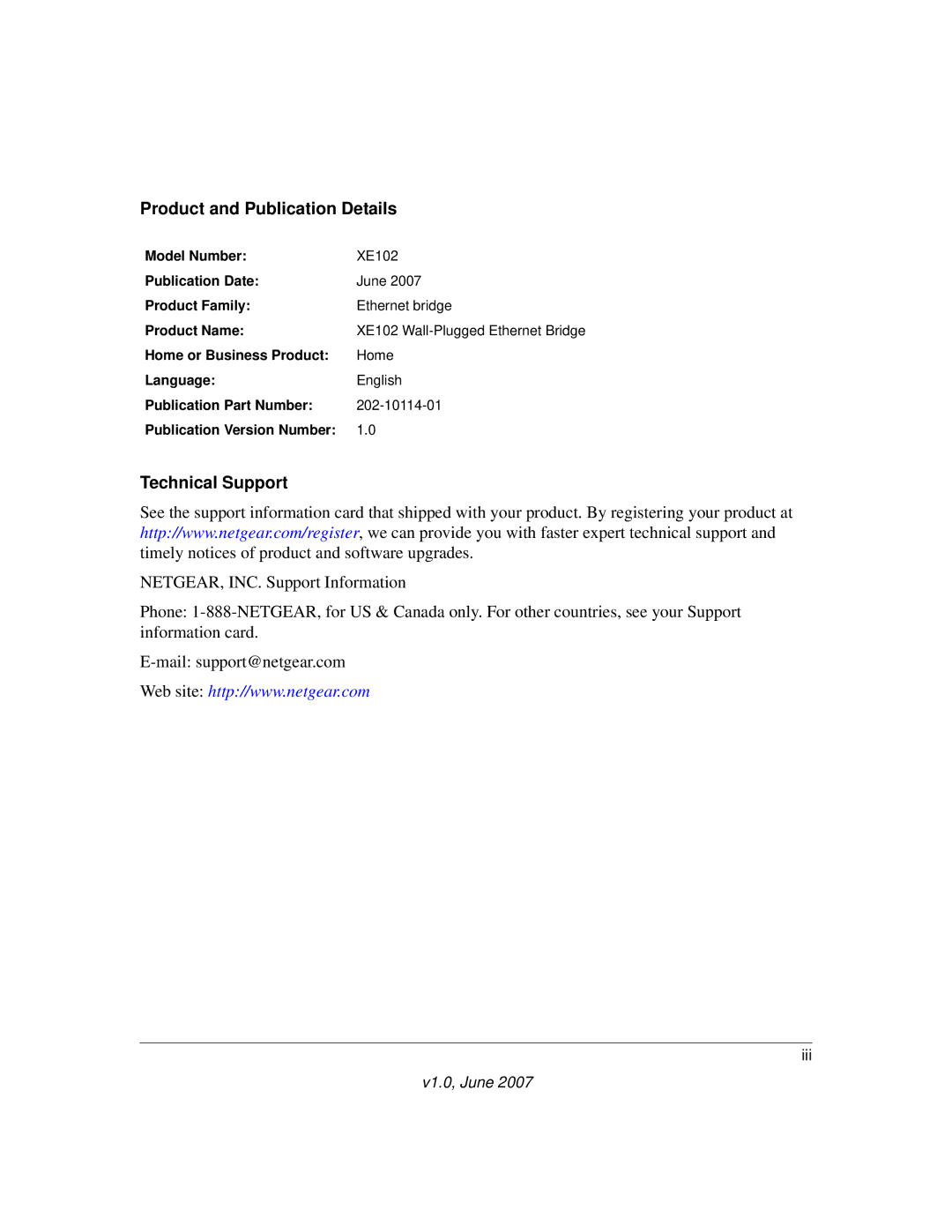 NETGEAR XE102 manual Product and Publication Details 