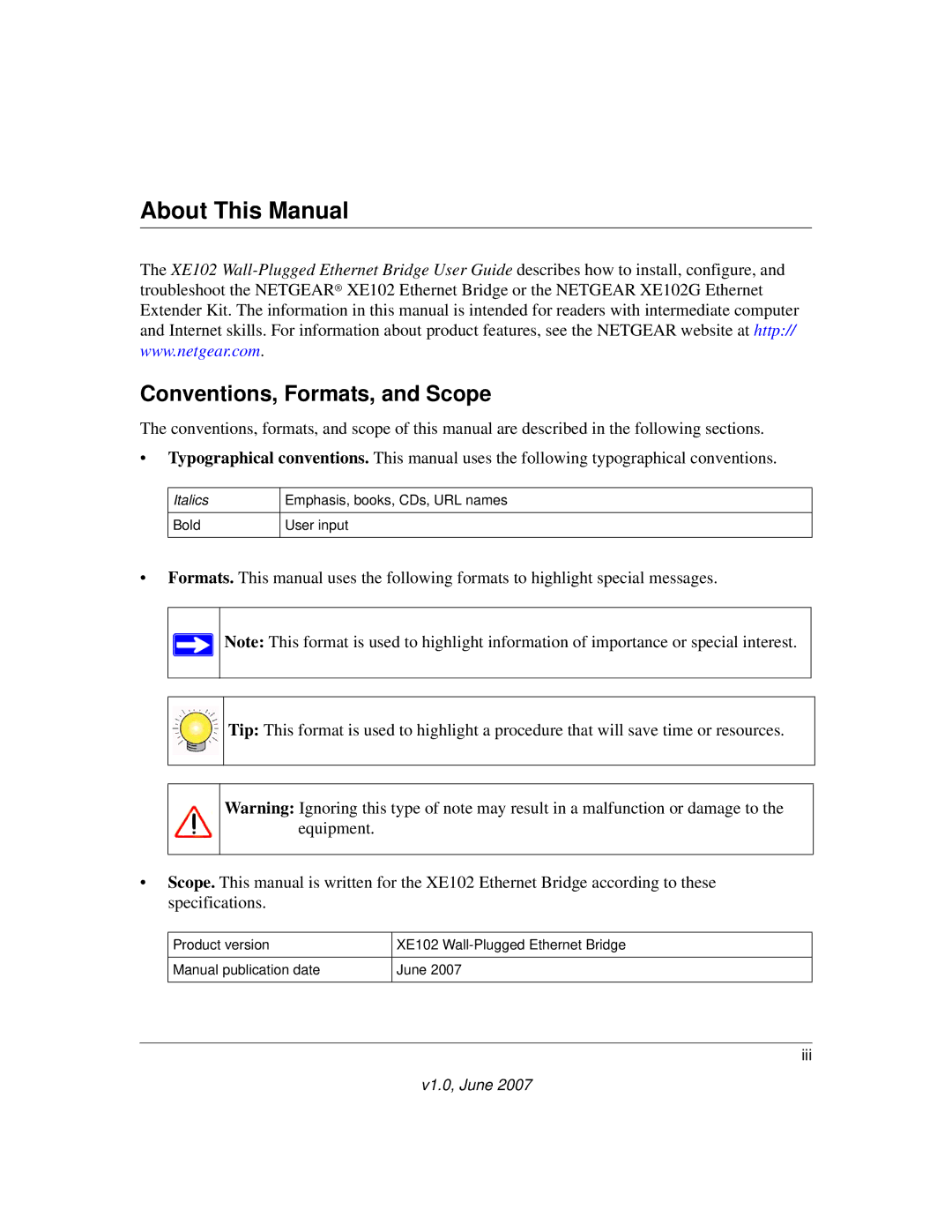 NETGEAR XE102 manual About This Manual, Conventions, Formats, and Scope 