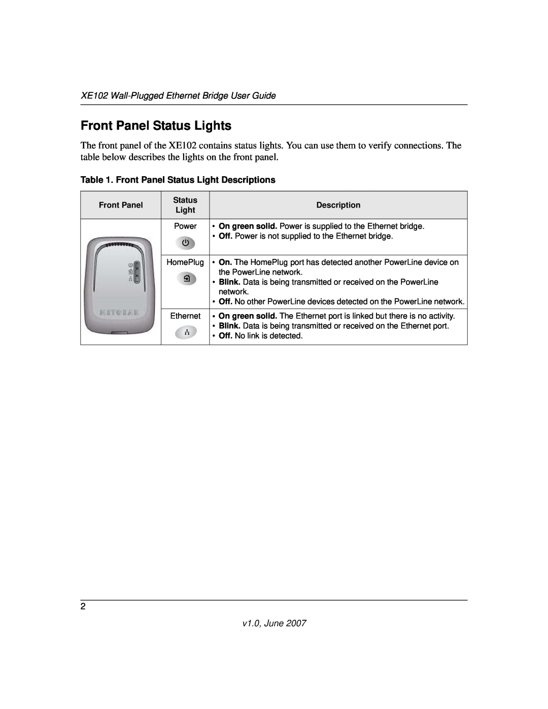 NETGEAR Front Panel Status Lights, XE102 Wall-Plugged Ethernet Bridge User Guide, Front Panel Status Light Descriptions 