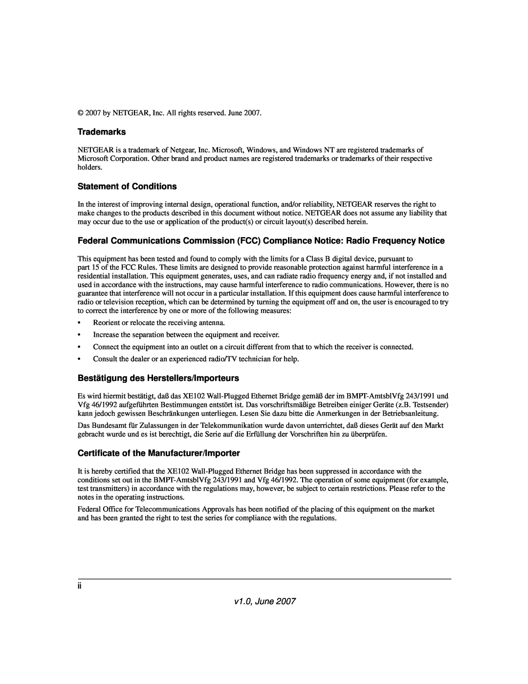 NETGEAR XE102 manual Trademarks, Statement of Conditions, Bestätigung des Herstellers/Importeurs, v1.0, June 