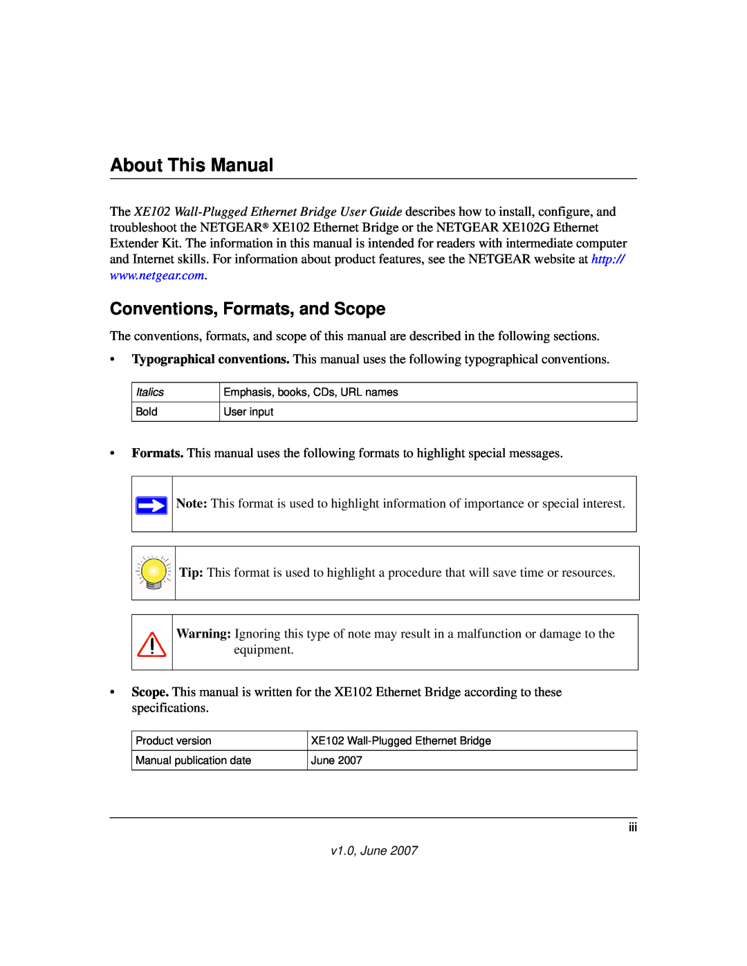 NETGEAR XE102 manual About This Manual, Conventions, Formats, and Scope 