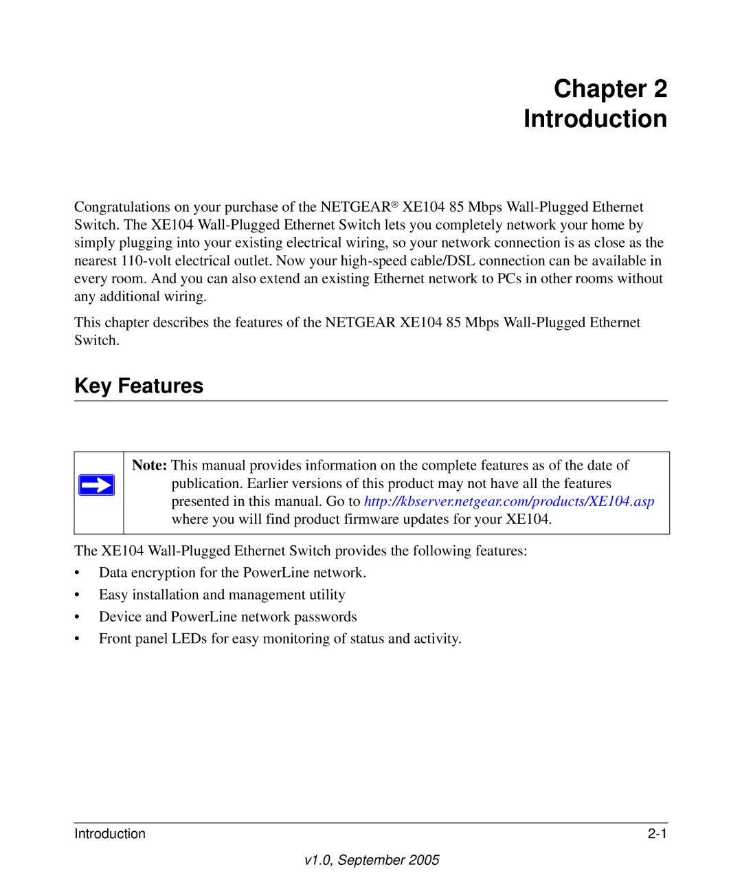 NETGEAR XE104 manual Chapter Introduction, Key Features 