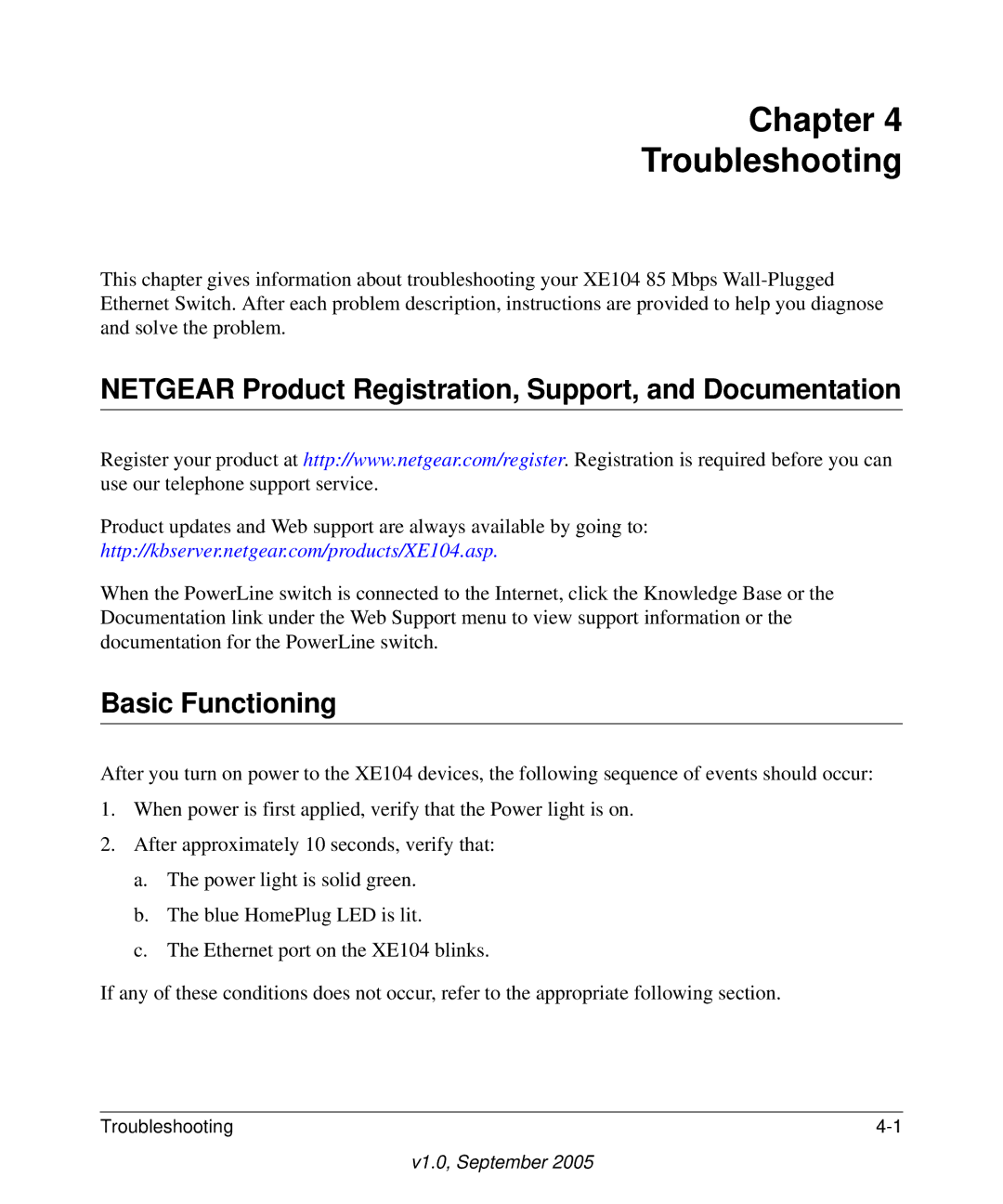 NETGEAR XE104 manual Netgear Product Registration, Support, and Documentation, Basic Functioning 