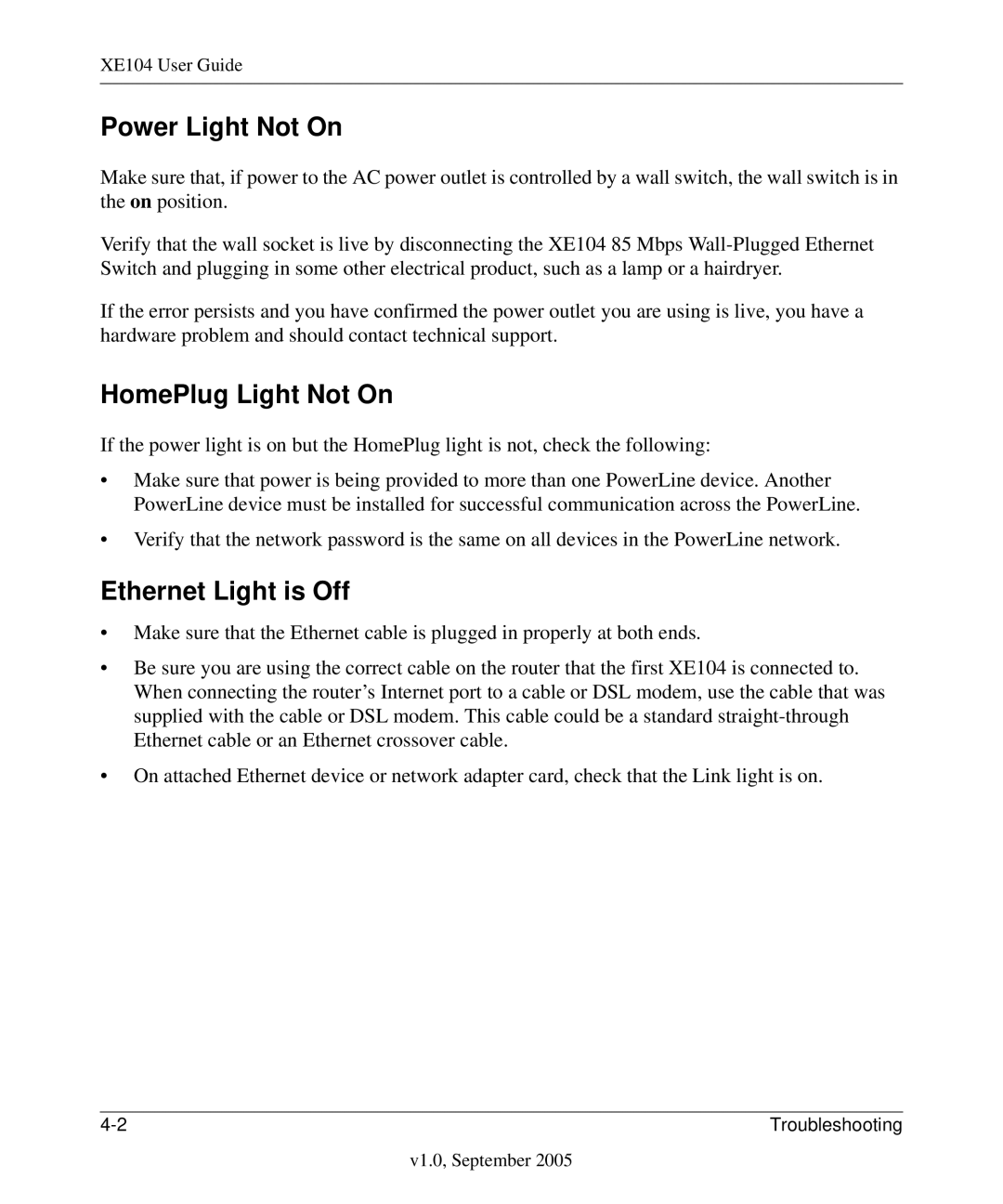 NETGEAR XE104 manual Power Light Not On, HomePlug Light Not On, Ethernet Light is Off 