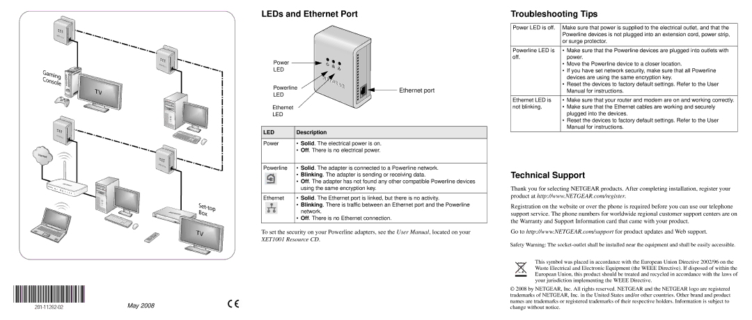 NETGEAR XET1001 manual LEDs and Ethernet Port, Troubleshooting Tips, Technical Support, Ethernet port, Led 