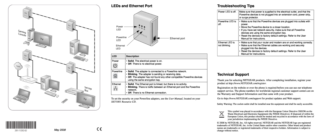 NETGEAR manual LEDs and Ethernet Port, Troubleshooting Tips, Technical Support, Ethernet port, XET1001 Resource CD 
