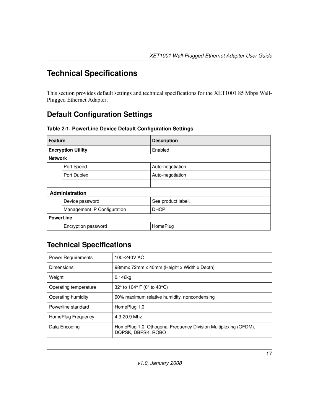 NETGEAR XETB10GM-100NAS manual Technical Specifications, Default Configuration Settings 