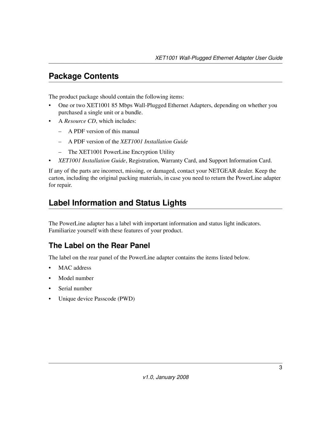 NETGEAR XETB10GM-100NAS manual Package Contents, Label Information and Status Lights 