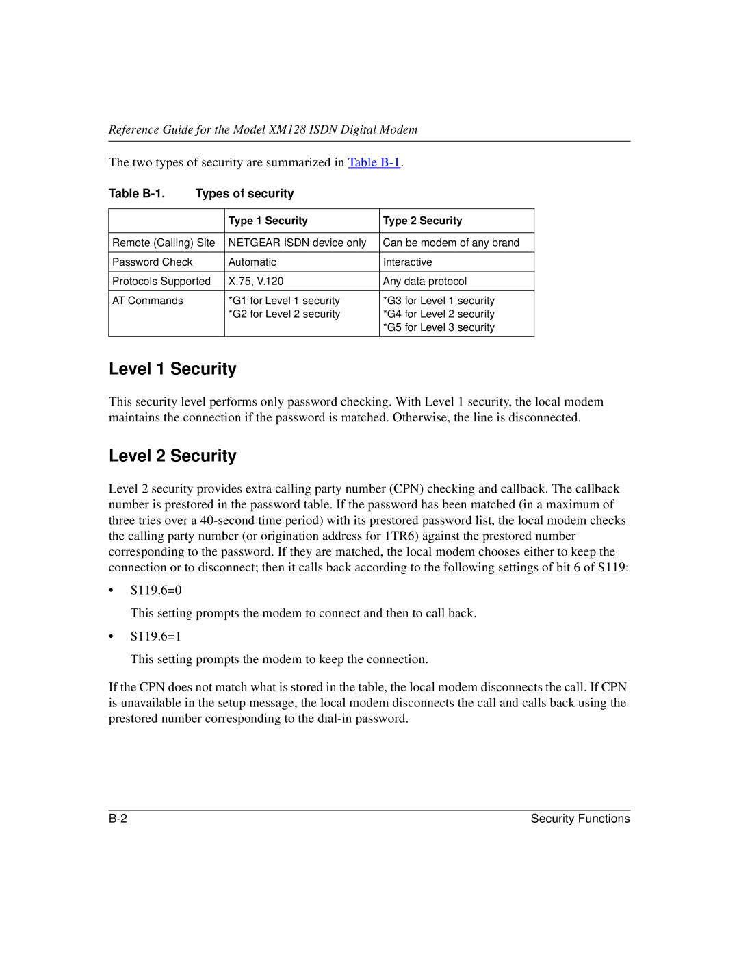 NETGEAR XM128 ISDN manual Level 1 Security, Level 2 Security, Table B-1 Types of security, Type 1 Security Type 2 Security 