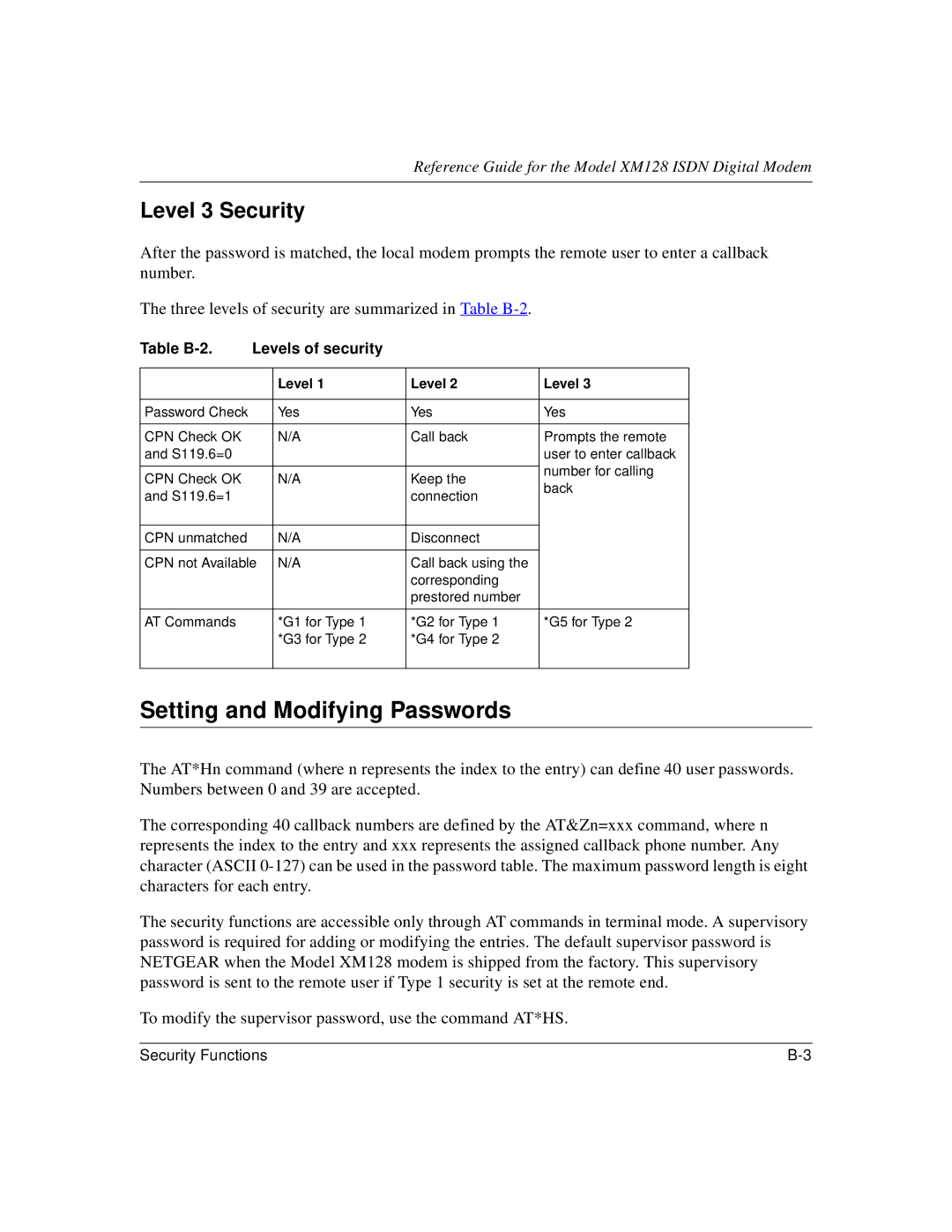 NETGEAR XM128 ISDN manual Setting and Modifying Passwords, Level 3 Security, Table B-2 Levels of security 