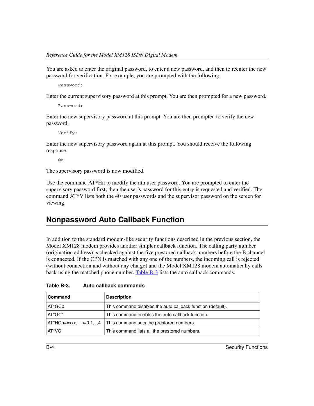 NETGEAR XM128 ISDN manual Nonpassword Auto Callback Function, Table B-3 Auto callback commands, AT*GC0, AT*GC1, At*Vc 