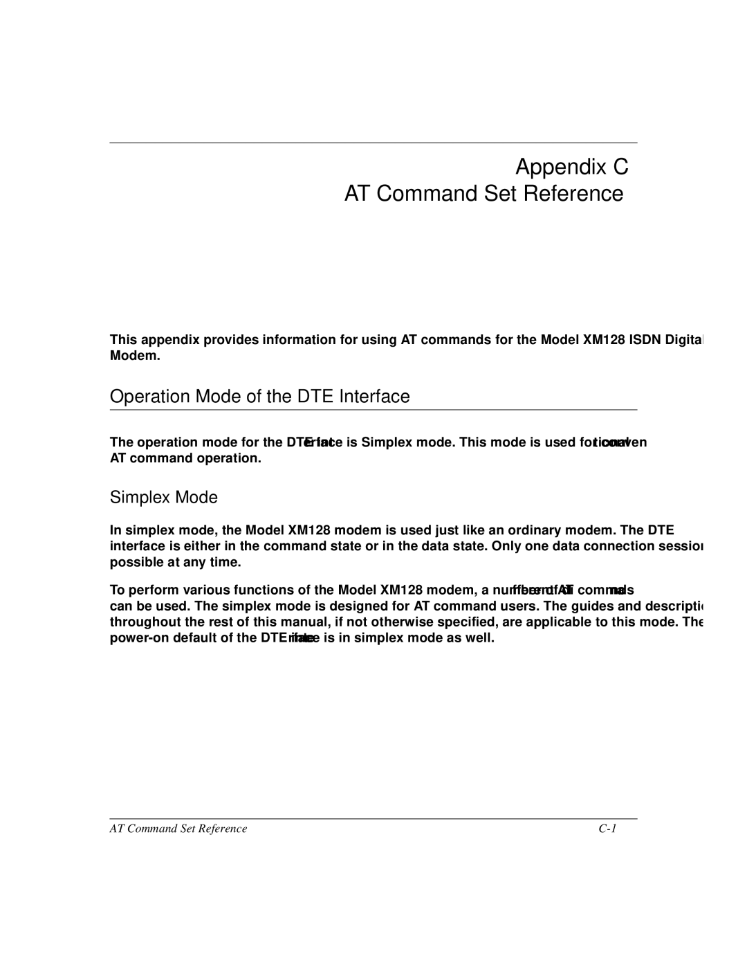 NETGEAR XM128 ISDN manual Appendix C AT Command Set Reference, Operation Mode of the DTE Interface, Simplex Mode 