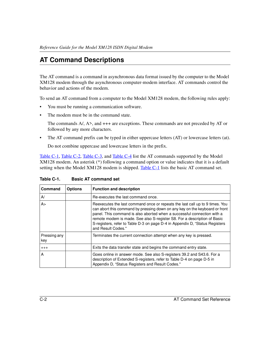 NETGEAR XM128 ISDN manual AT Command Descriptions, Table C-1 Basic AT command set, Command Options Function and description 