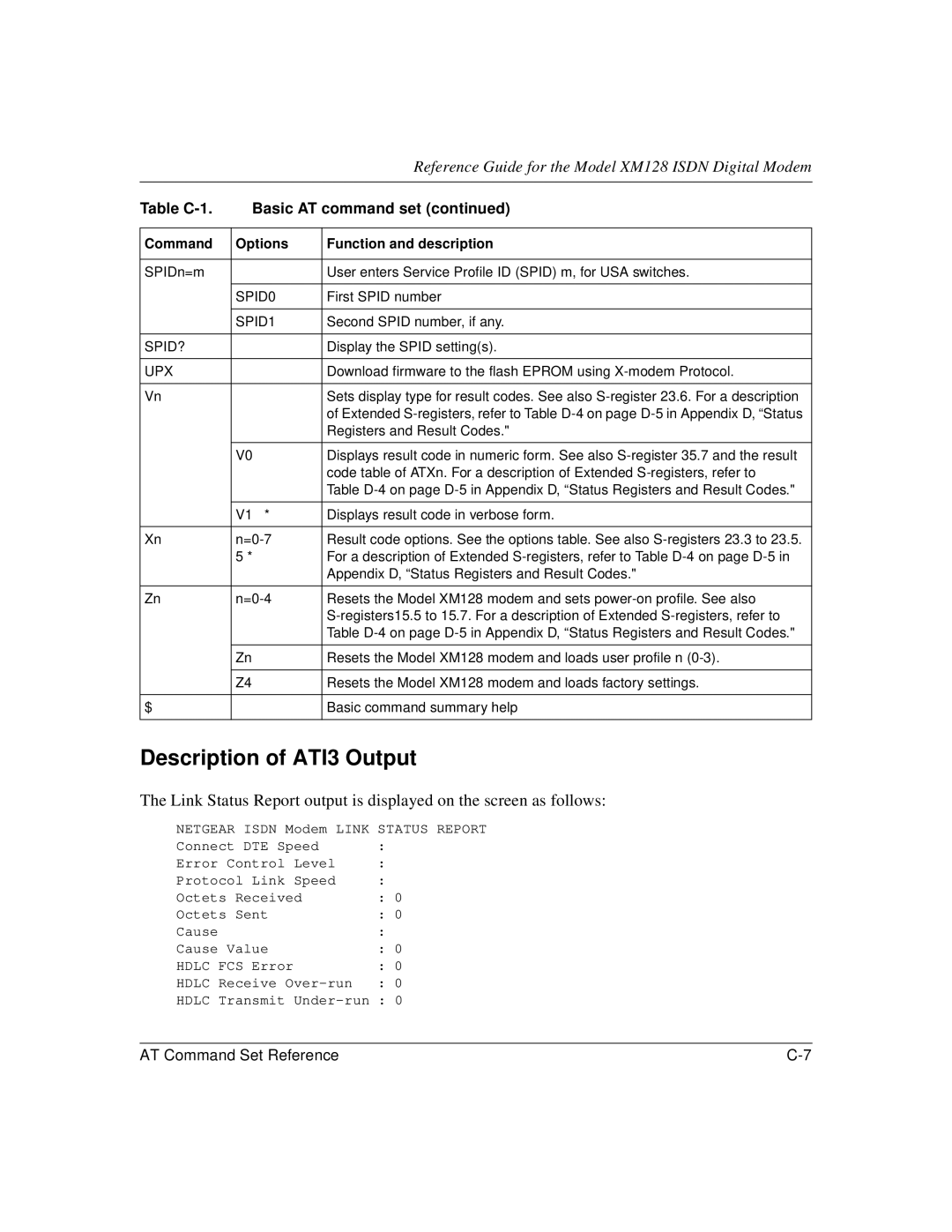 NETGEAR XM128 ISDN manual Description of ATI3 Output, SPID0, SPID1, Spid?, Upx 