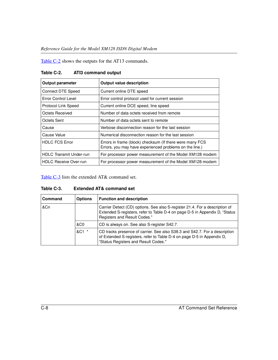 NETGEAR XM128 ISDN manual Table C-2 ATI3 command output, Table C-3 Extended AT& command set 