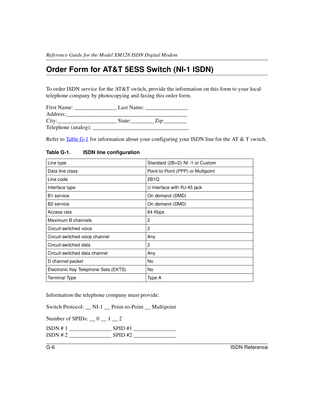 NETGEAR XM128 ISDN manual Order Form for AT&T 5ESS Switch NI-1 Isdn, Table G-1 Isdn line configuration 