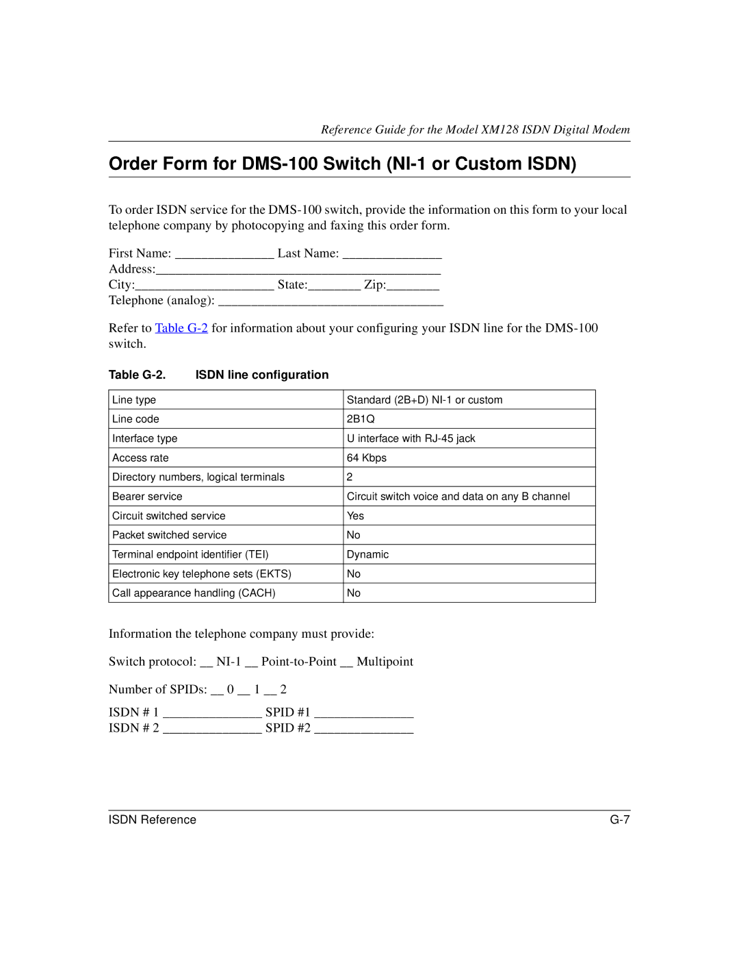 NETGEAR XM128 ISDN manual Order Form for DMS-100 Switch NI-1 or Custom Isdn, Table G-2 Isdn line configuration 