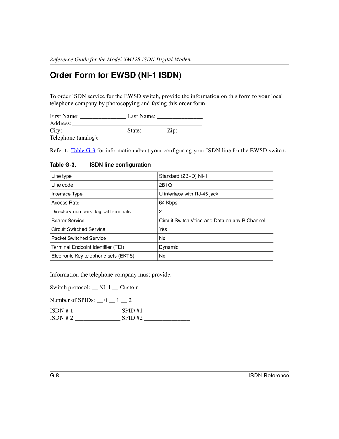 NETGEAR XM128 ISDN manual Order Form for Ewsd NI-1 Isdn, Table G-3 Isdn line configuration 