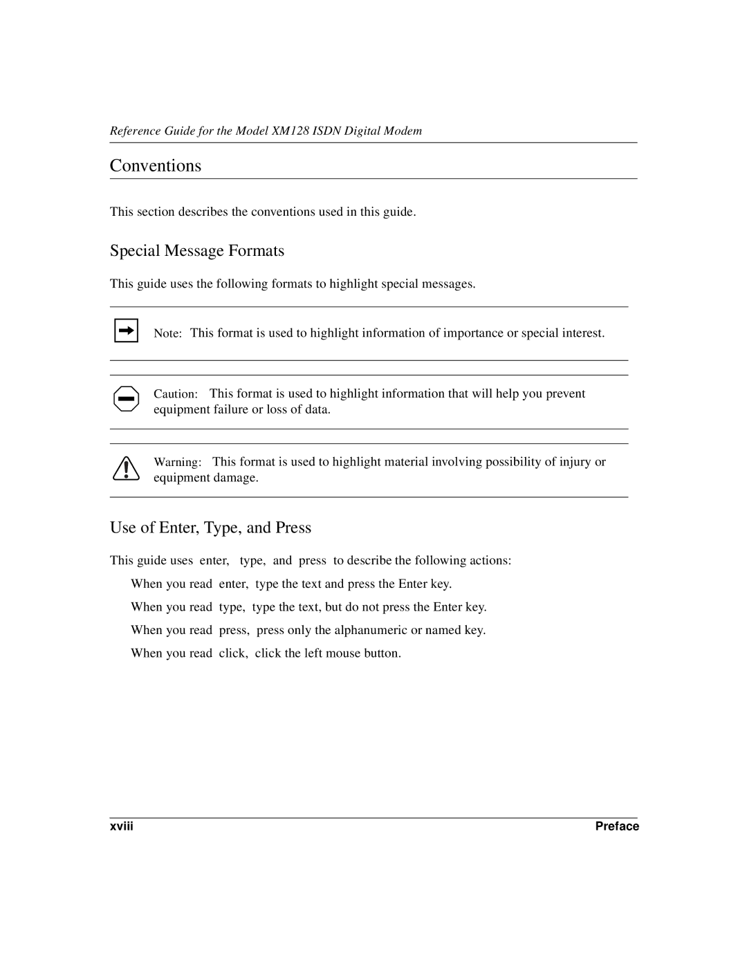 NETGEAR XM128 ISDN manual Conventions, Special Message Formats, Use of Enter, Type, and Press 