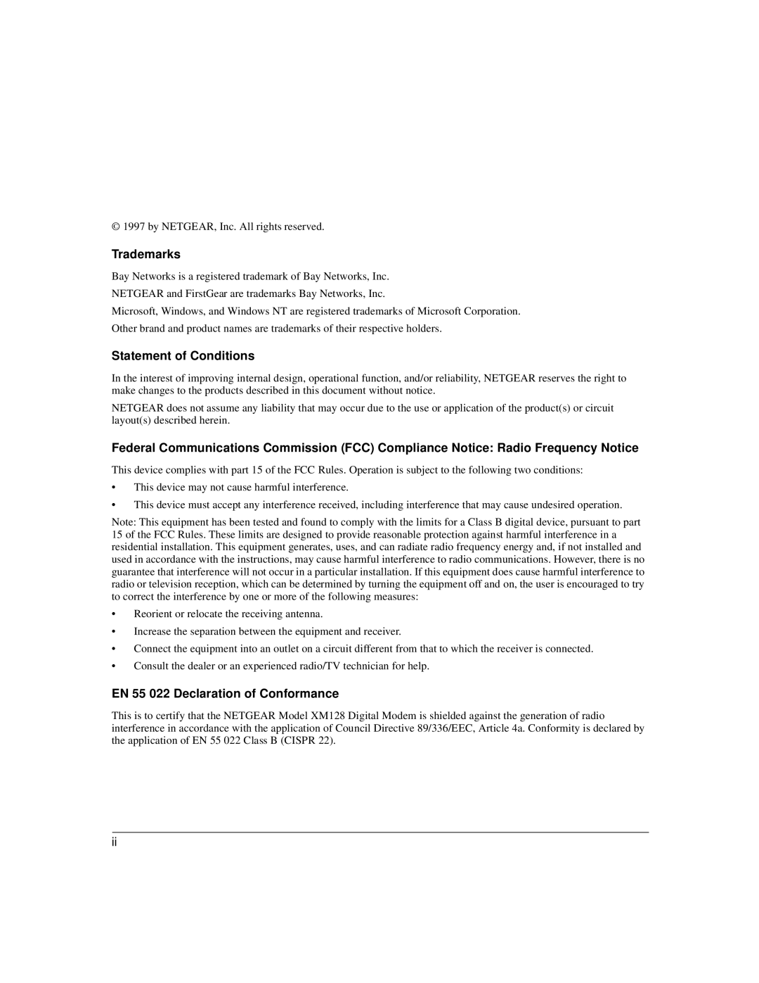 NETGEAR XM128 ISDN manual Trademarks, Statement of Conditions, EN 55 022 Declaration of Conformance 