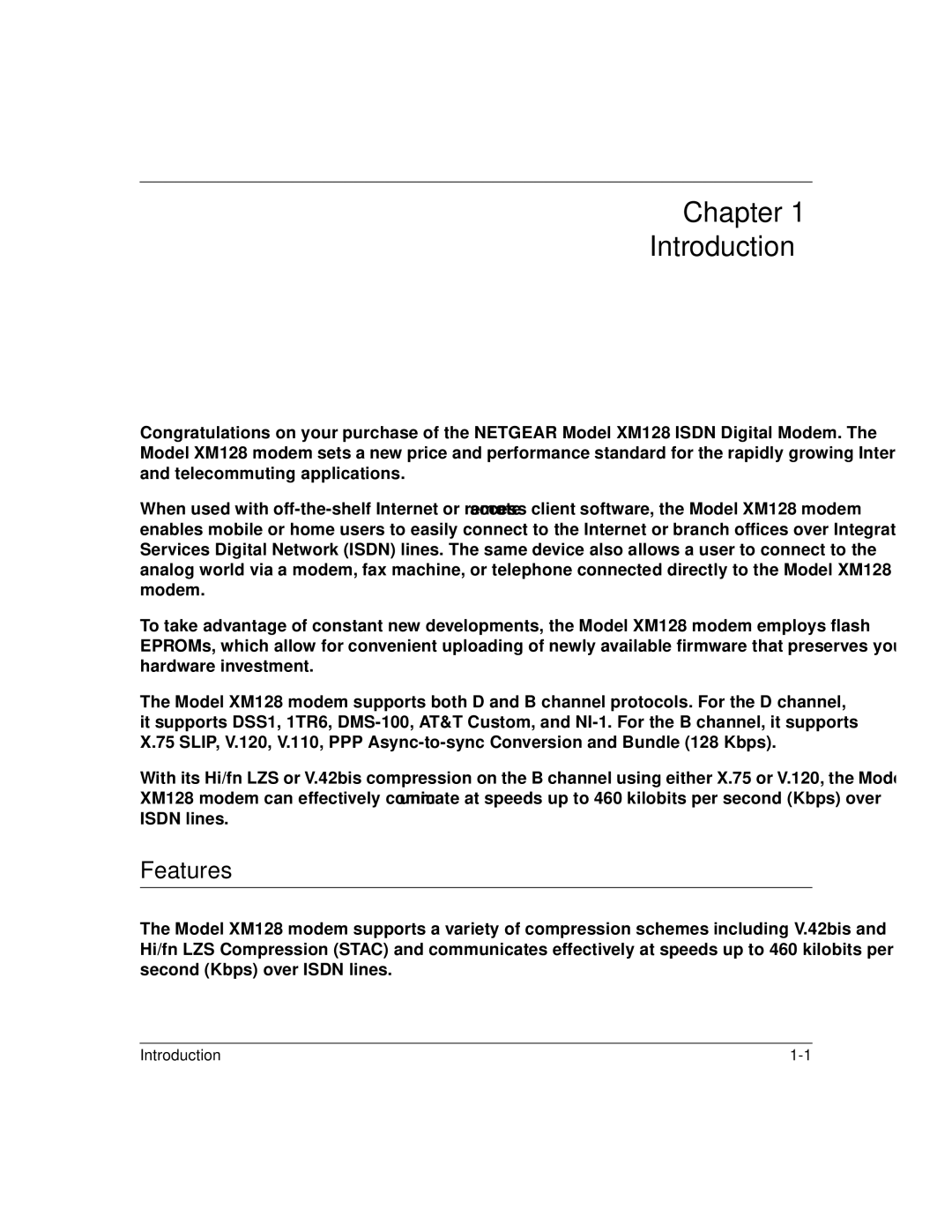 NETGEAR XM128 ISDN manual Chapter Introduction, Features 