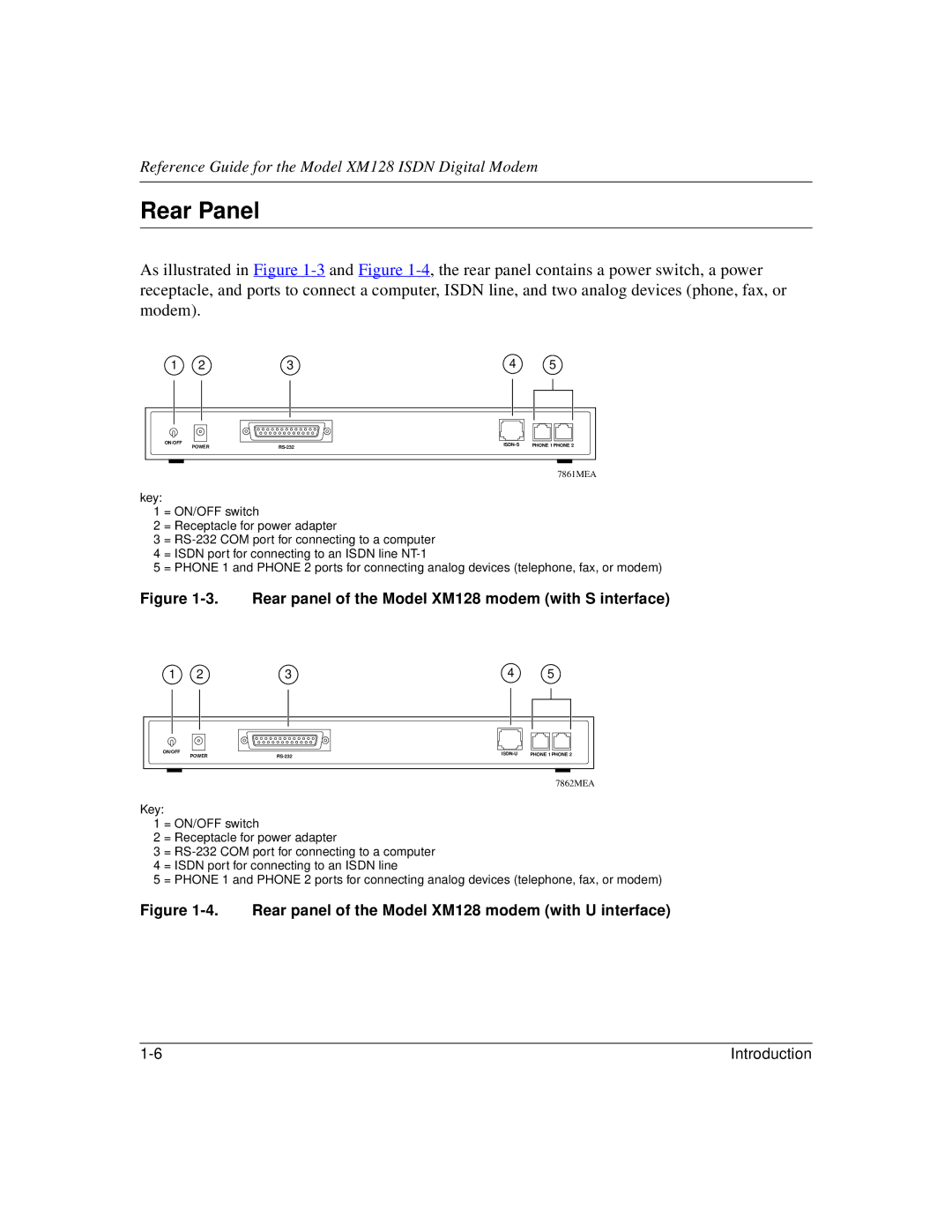 NETGEAR XM128 ISDN manual Rear Panel, Rear panel of the Model XM128 modem with S interface 