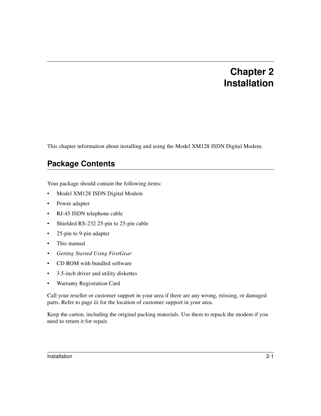 NETGEAR XM128 ISDN manual Chapter Installation, Package Contents 