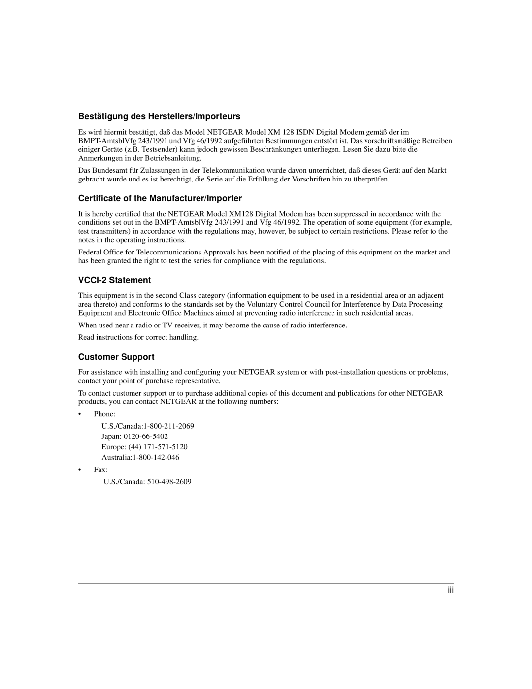 NETGEAR XM128 ISDN Bestätigung des Herstellers/Importeurs, Certificate of the Manufacturer/Importer, VCCI-2 Statement 