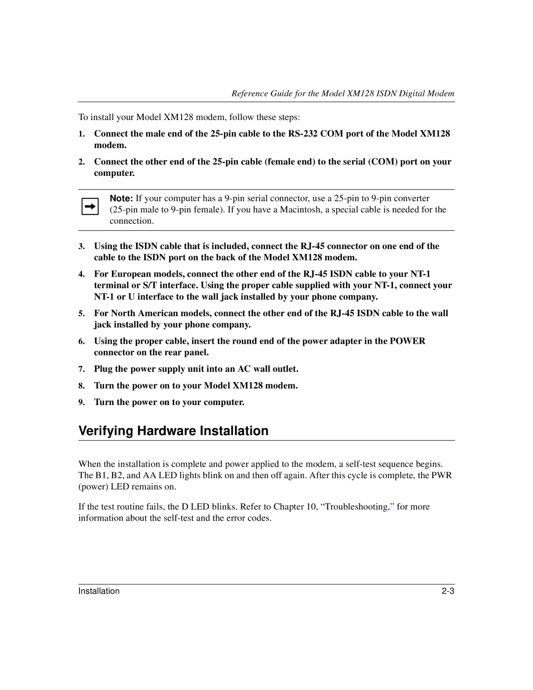 NETGEAR XM128 ISDN manual Verifying Hardware Installation 