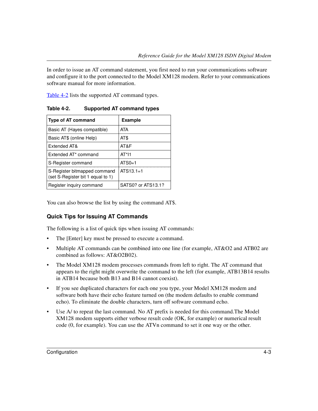 NETGEAR XM128 ISDN manual Quick Tips for Issuing AT Commands, Supported AT command types, Type of AT command Example 