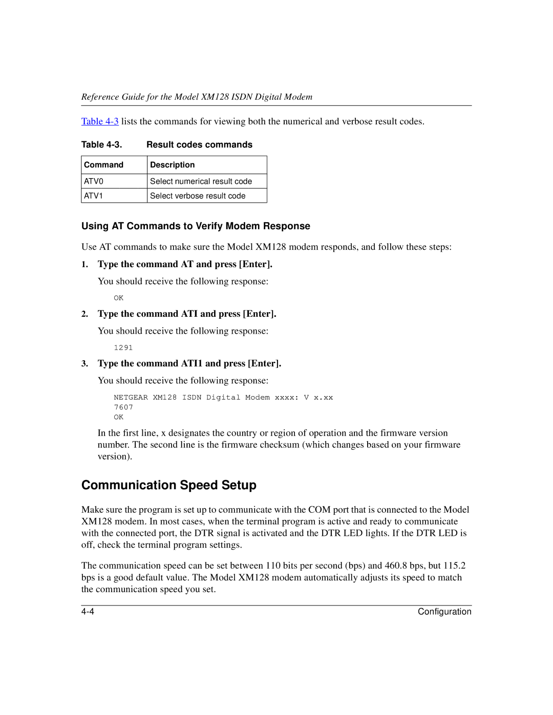 NETGEAR XM128 ISDN manual Communication Speed Setup, Using AT Commands to Verify Modem Response, Result codes commands 