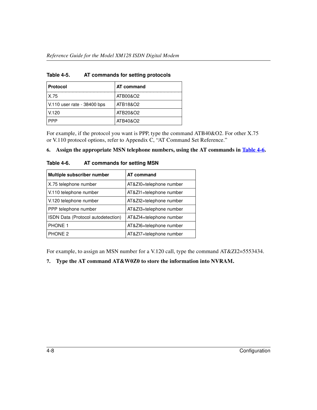 NETGEAR XM128 ISDN manual AT commands for setting protocols, AT commands for setting MSN, Protocol AT command, Ppp 