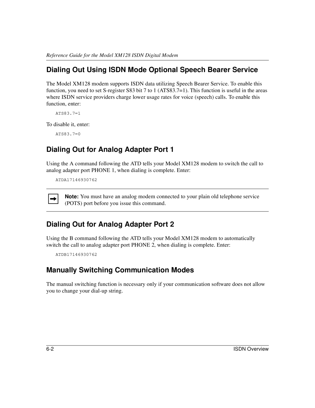 NETGEAR XM128 ISDN manual Dialing Out Using Isdn Mode Optional Speech Bearer Service, Dialing Out for Analog Adapter Port 