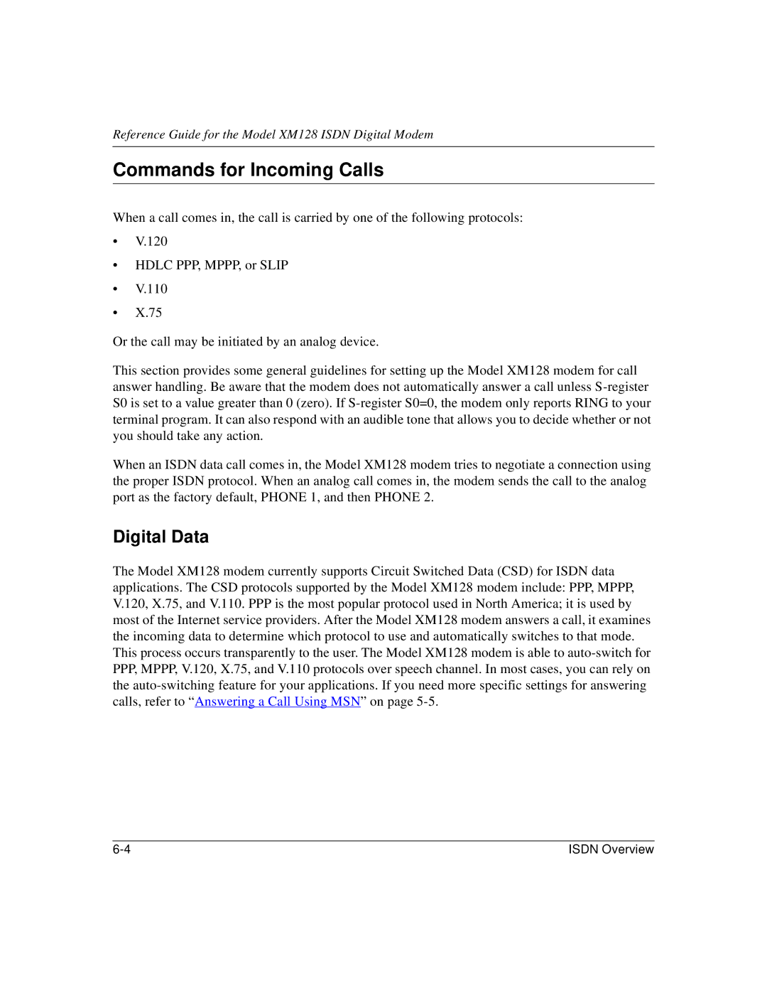 NETGEAR XM128 ISDN manual Commands for Incoming Calls, Digital Data 