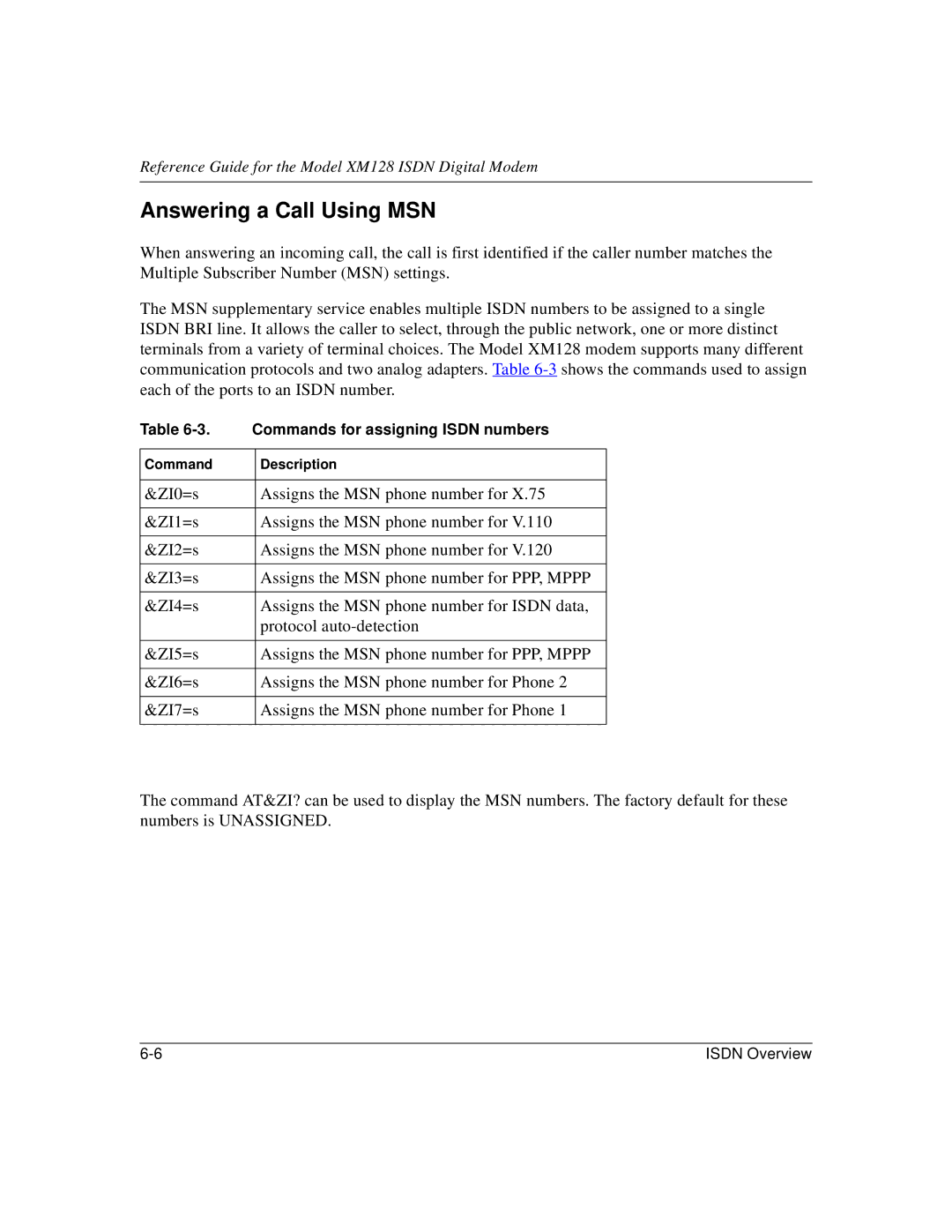 NETGEAR XM128 ISDN manual Answering a Call Using MSN, Commands for assigning Isdn numbers 