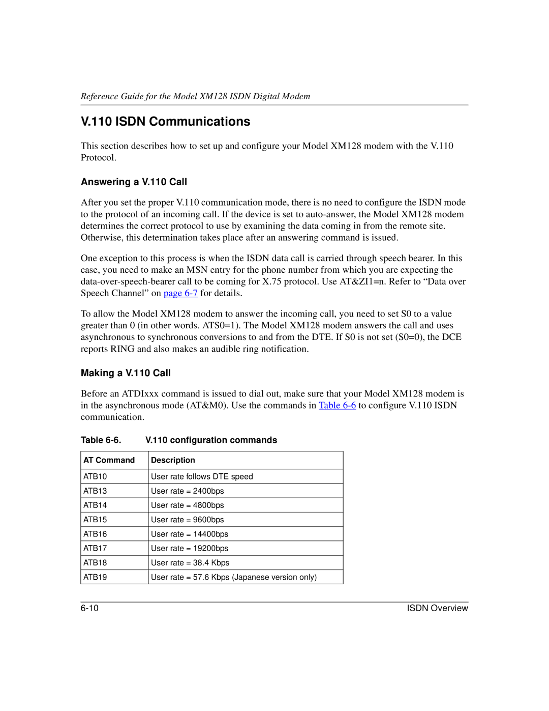 NETGEAR XM128 ISDN manual Isdn Communications, Answering a V.110 Call, Making a V.110 Call, Configuration commands 